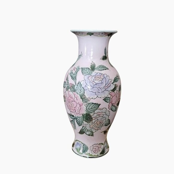 Vintage Toyo Porcelain Famille Rose Vase, Pink Embossed Floral Flowers Macau 10" - Picture 1 of 9